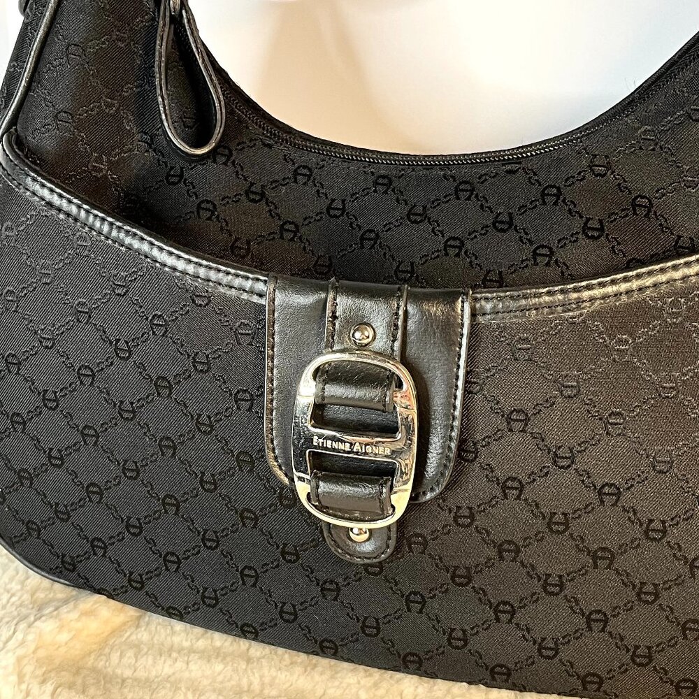 Vintage Black Etienne Aigner Hobo Bag with Monogram Print and Clasp